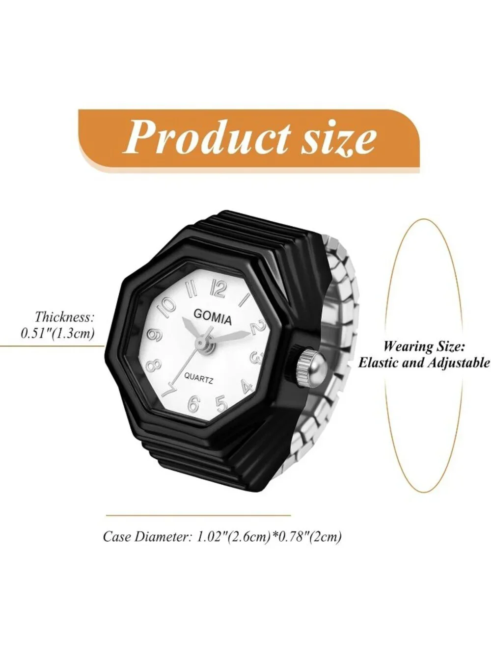 Unisex Black Analog Quartz Stretchy Elastic Band Octagon Dial Finger Ring Watch